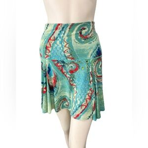 Eva Varro XS Abstract Art Print Stretch Flared Skirt Turquoise Red Boho Travel